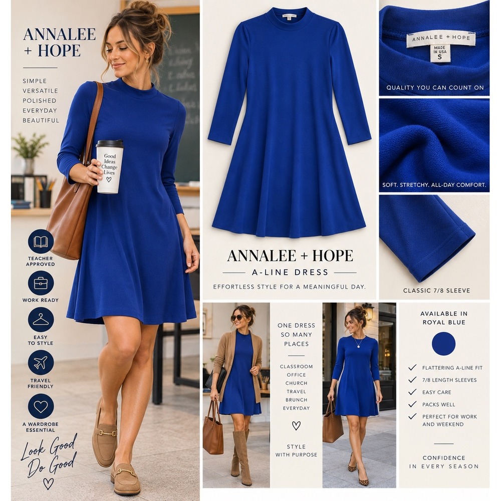 Annalee + Hope Womens Small Royal Blue A Line Dress 7/8 Sleeve Work Teacher